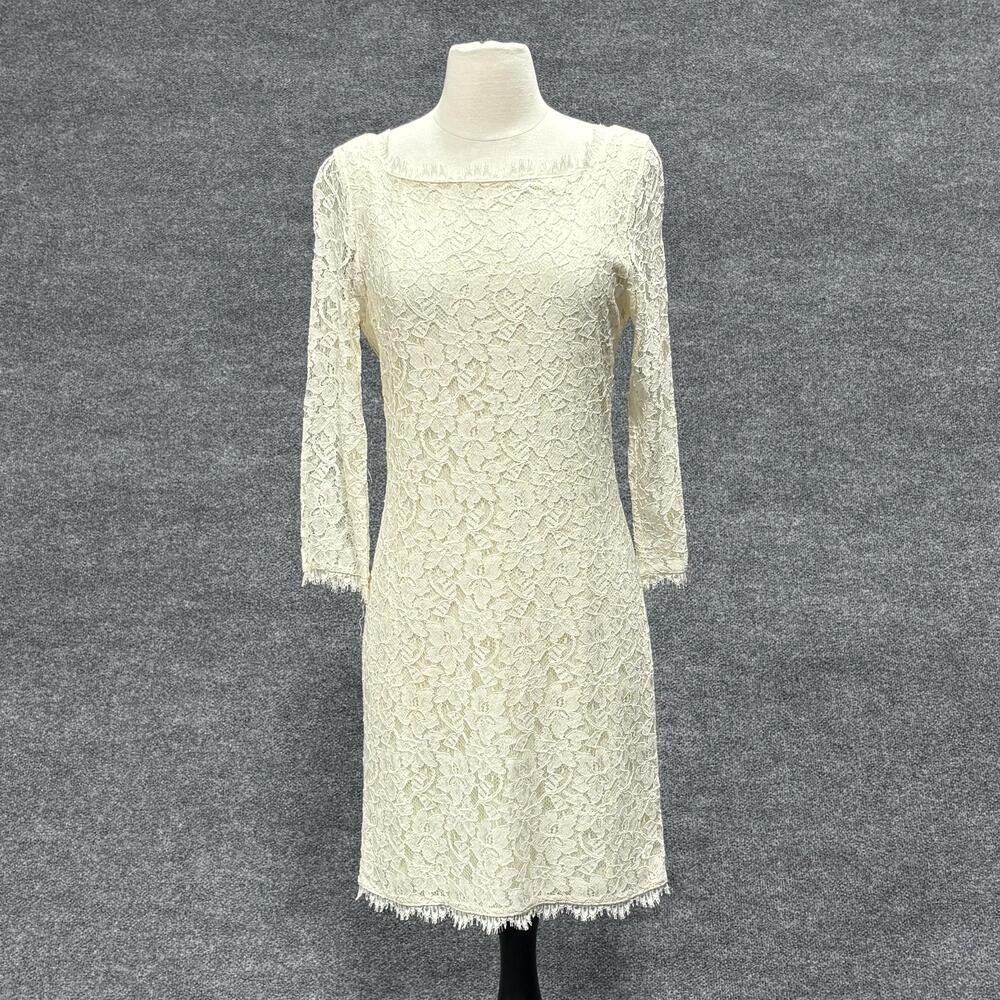 Diane von Furstenberg Dress Womens 10 Ivory Zarita Lace Sheath 3/4 Sleeve USA